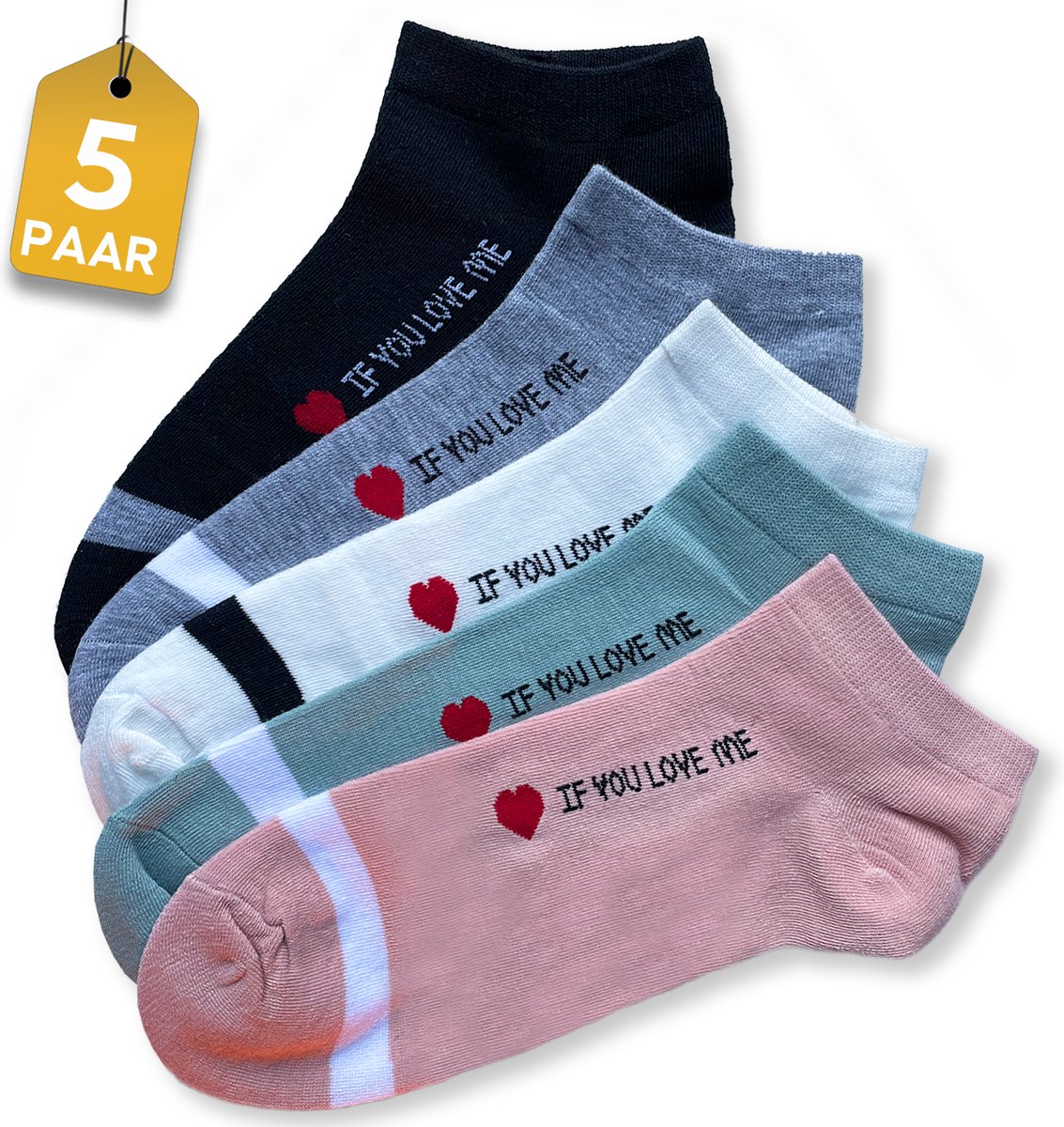 VOLQU® Sneakersokken - LoveMe Series - 5 Paar - Maat 35 38 - Sneakersokken Dames - Premium Katoen Enkelsokken - Grappige Sokken - Cadeau Voor Haar