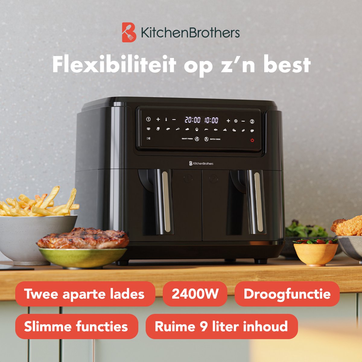 Afbeelding 2 van KitchenBrothers Airfryer XXL Dual Zone - 2400W - 9L - Heteluchtfriteuse - Dubbele Mand - 50ºC tot 200ºC - 10 Kookprogramma's - Zwart