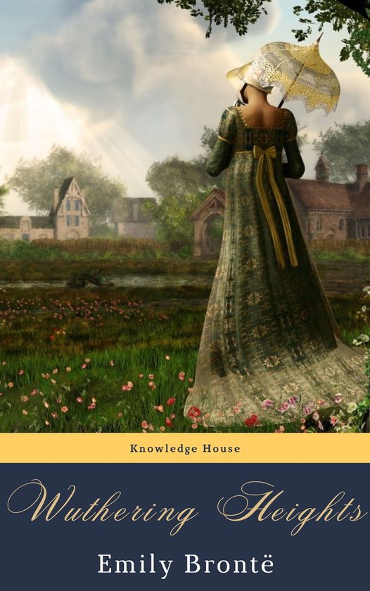 Vrouw in groene jurk met strik, met een waaier onder een zonnige hemel, voor een landschap met huizen.