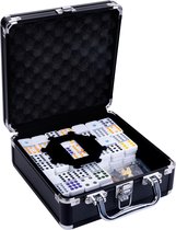 Domino Dubbel 12 Mexican Train – 91 Stenen met Gekleurde Ogen – Luxe Aluminium zwarte Koffer met Handvat – Inclusief Station & metalen Treinen – Strategisch Familiespel – Engelhart