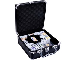 Domino Dubbel 12 Mexican Train – 91 Stenen met Gekleurde Ogen – Luxe Aluminium zwarte Koffer met Han