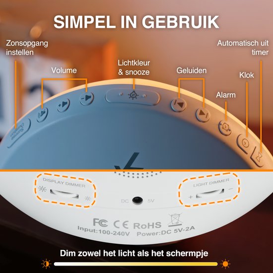 Knopoverzicht van de wekkerlamp, met schuifregelaars voor displaydimmer en lichtdimmer.