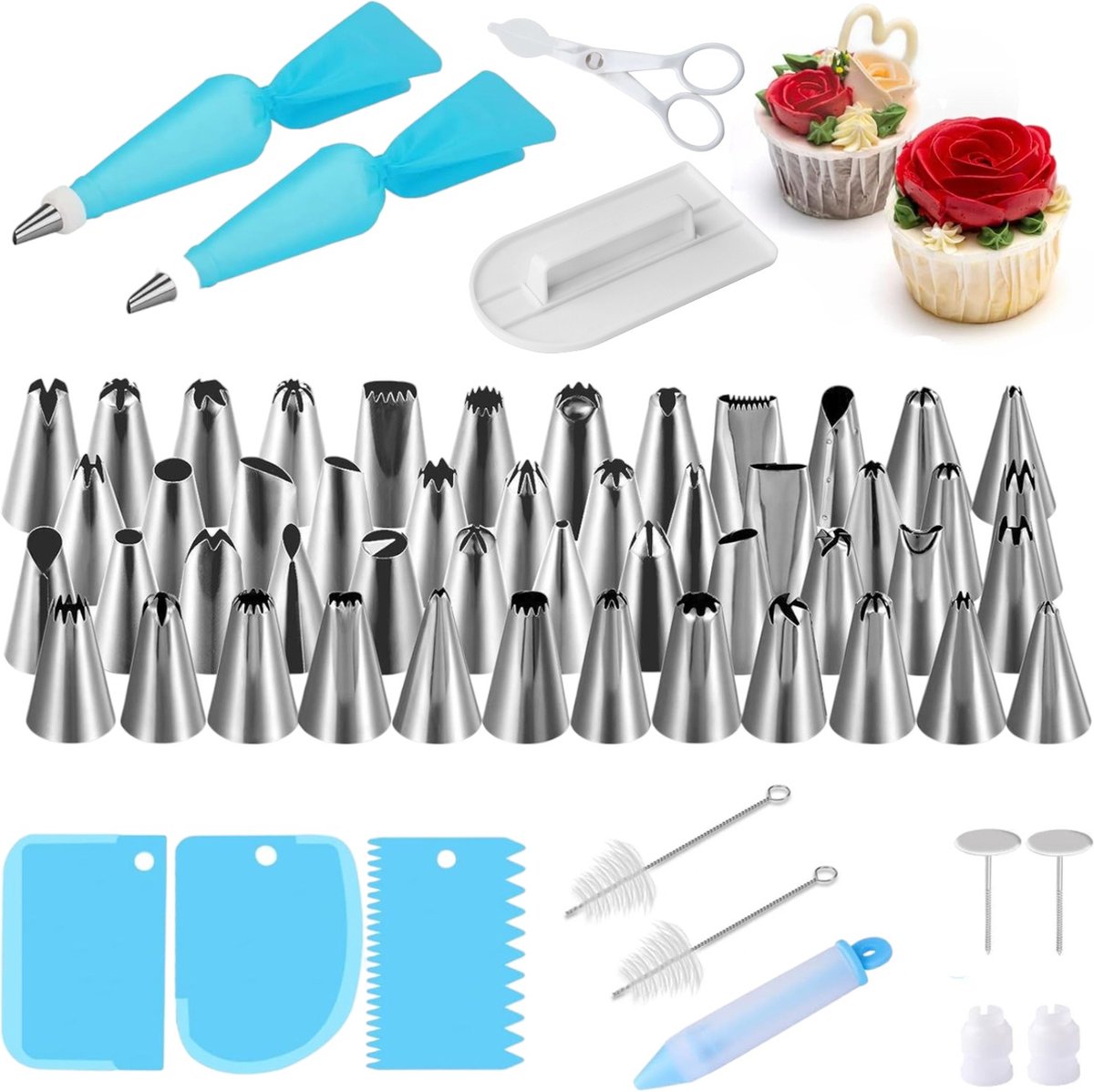 Generic 62-delige roestvrijstalen taartversieringsset glazuurbotercrèmespuit taartversieringsset voor beginners Gebakgereedschap Spuitmondjes Spuitzaktuiten Bakspullen Bakgereedschap