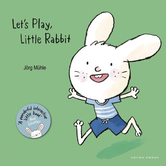 Een getekende witte konijn met een grijze gestreepte t-shirt en blauwe shorts rent vrolijk. De titel 'Let's Play, Little Rabbit' staat linksboven.