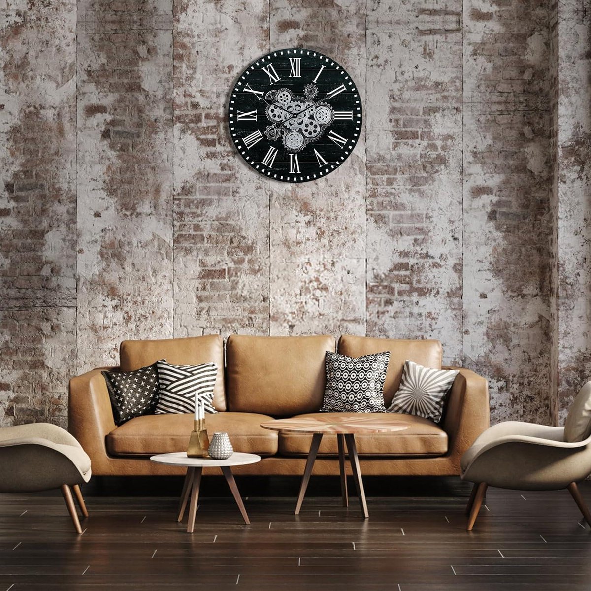 Grote Industriële Zwarte Wandklok - met Draaiende Tandwielen - 57 cm - Hout — cadeau in Wonen & Interieur - foto 3