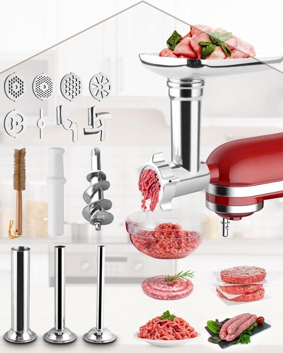Accessoires vleesmolen - KitchenAid aansluiting - 3 buizen worstvulling - 2 maalplaten Gehaktmolen