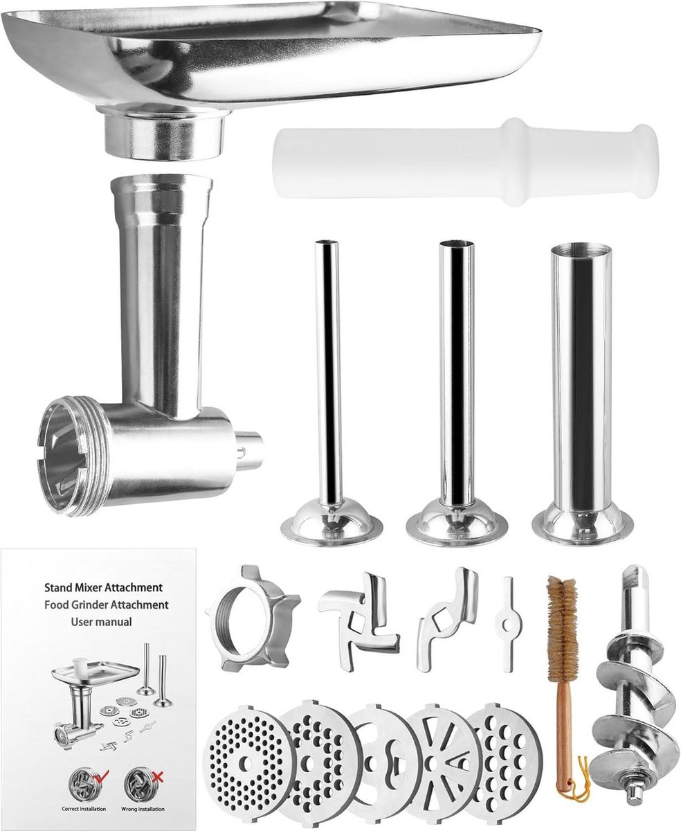 Accessoire Hachoir à Viande Coolcook Pour KitchenAid - 3 Tubes à Saucisses - Lames Incluses - Pour Mixeur Sur Socle