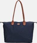 Donkerblauwe nylon tas met bruine leren handvatten, recht van voren.
