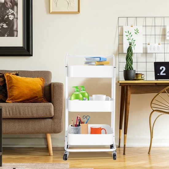 Chariot de rangement à roulettes – Chariot utilitaire sur roulettes – Chariot de rangement utilitaire à 3/4 niveaux avec poignée et roulettes, chariot de rangement multifonction pour cuisine, salon