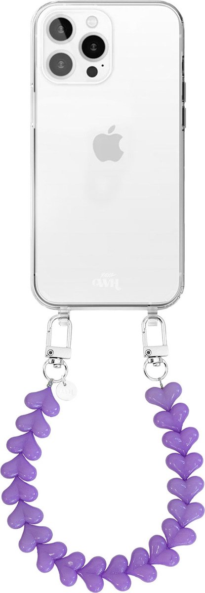 xoxo Wildhearts siliconen hoesje - Geschikt voor iPhone 16 Pro hoesje - Funky Hearts - Telefoonhoesje - Hoesje met koord - Paars koord - kort telefoonkoord - Hartjes ketting - Transparant hoesje