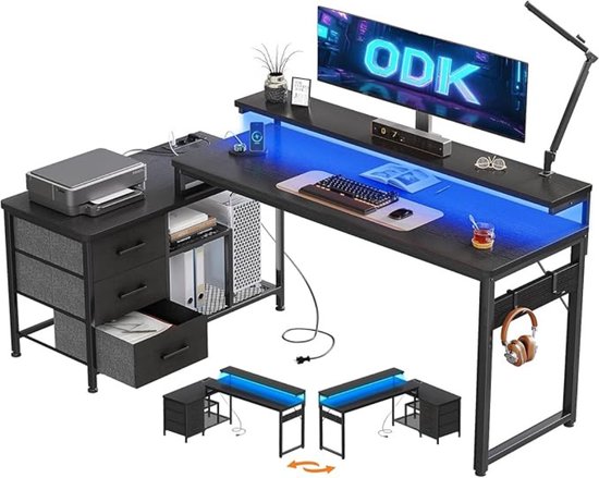 Multifunctioneel Bureau – Hoekbureau – Game Bureau – Jongens – Volledige Set – Stopcontacten – USB Poorten – Eenvoudige Montage – Zwart