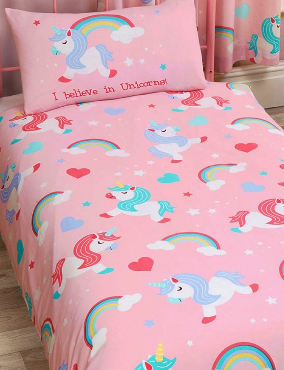 1-persoons meisjes dekbedovertrek roze "I believe in unicorns" met schattige eenhoorns (pony / paard), regenbogen (regenboog), hartjes, sterren / sterretjes en wolken eenpersoons 140 x 200 cm (beddengoed kinderkamer / meiden slaapkamer)