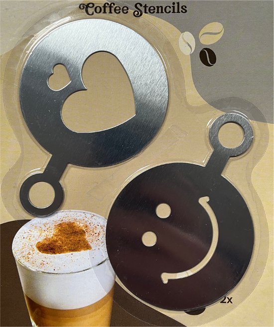 Gabarit à Café - Acier inoxydable - Coeur & Smiley - Ensemble 2 pièces - Gabarit pour cacao - Gabarit Cappuccino - Étaleur de cacao - Outils Barista - Accessoires Café - Accessoires Barista - Essentiels Barista