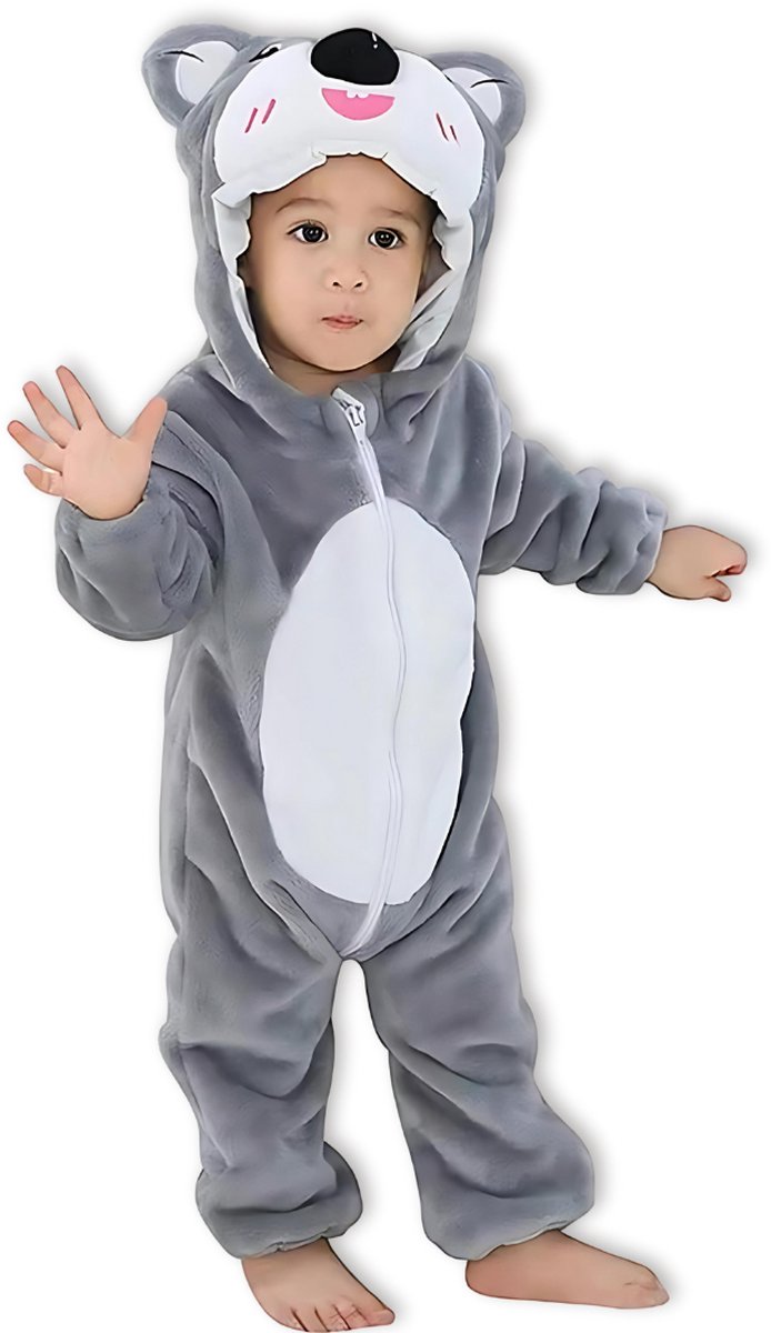 BoefieBoef Dieren Baby Onesie Peuter Pyjama Kinderen 6 maanden tot 2 jaar – Koala – Verkleedkleding met Luierrits – Carnaval Dierenpak - Halloween en Kraamcadeau Tip – Zacht Flanel - Romper - Boxpak - Jongens - Meisjes - Kruippak - Grijs