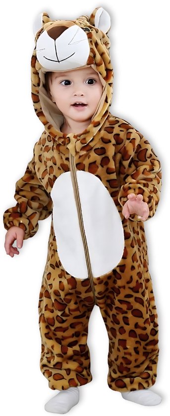 BoefieBoef Dieren Kleuter Onesie Peuter Pyjama Kinderen 2 tot 4 jaar – Verkleedpak met Luierrits – Carnaval Sinterklaas Kerst en Kraamcadeau - Zacht Flanel - Baby Romper - Boxpak - Jongen - Meisje - Kruippak - Winterpak - Luipaard Bruin Jaguar