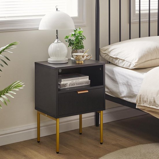 IBUYKE Modern nachtkastje uit het midden van de eeuw met opberglade, klein zwart nachtkastje, bijzettafel met gouden frame voor slaapkamer, woonkamer, zwart WNS008B