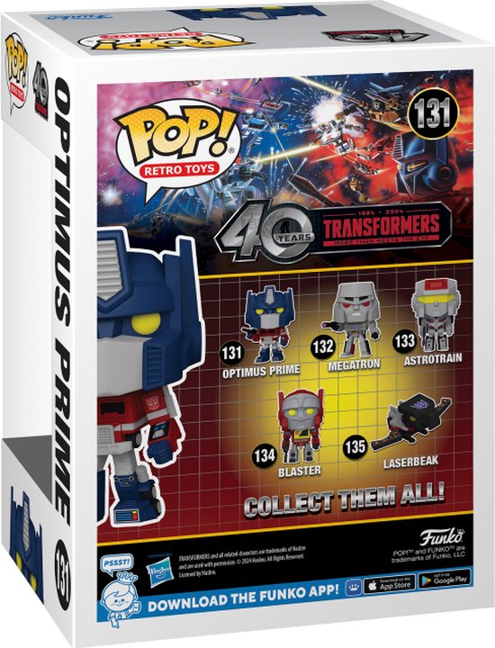 Boîte de la Funko Pop! Optimus Prime, avec des images de Transformers et d'autres figurines.