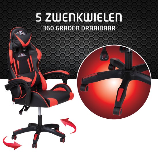 No Fear Gaming Stoel - Game Stoel met Nek- en Onderrugkussen - Ergonomische Bureaustoel in Hoogte Verstelbaar 46 tot 56cm - Gamestoel Rood/Zwart