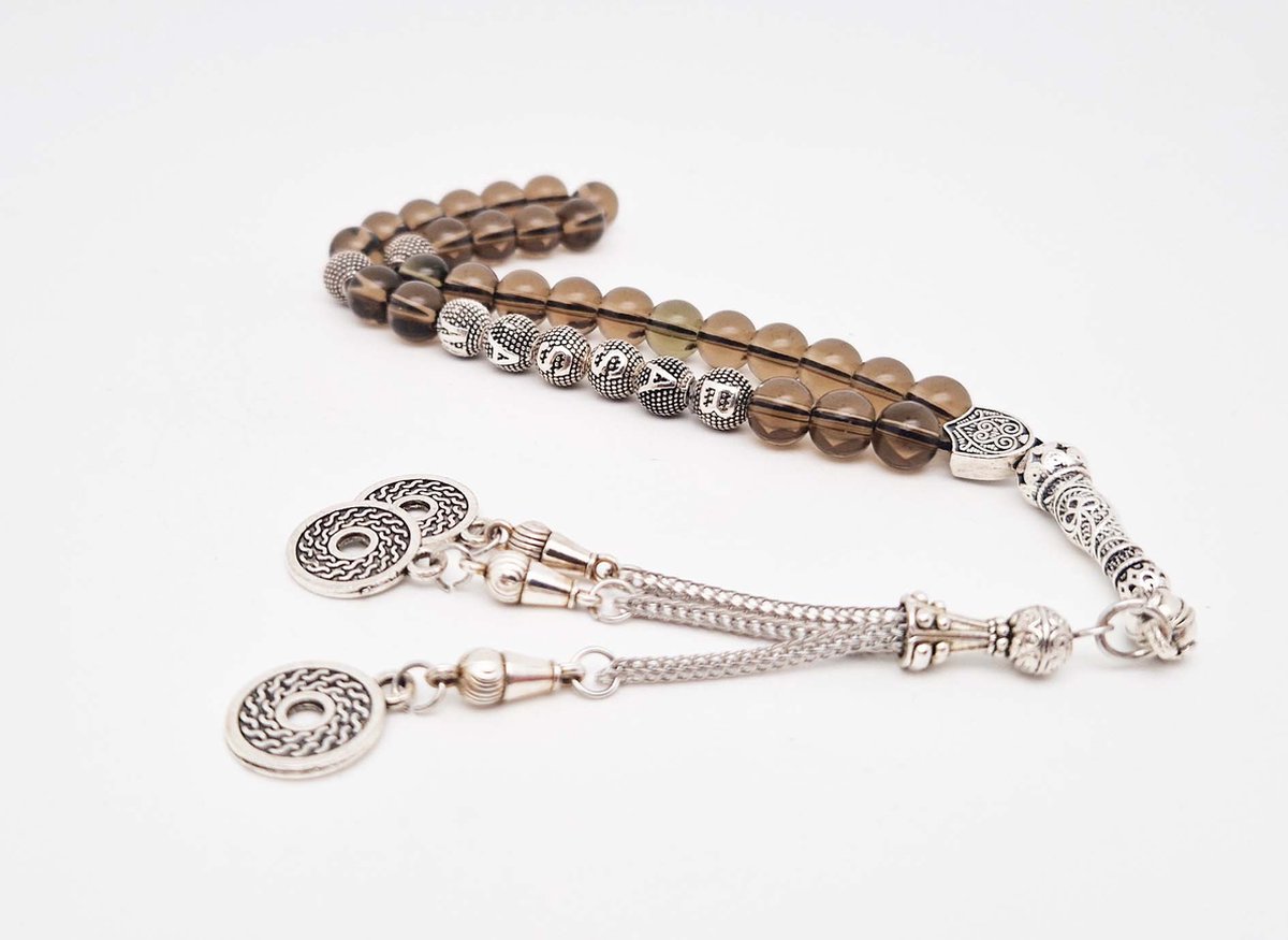 Handgemaakte naam tasbih 33 Kralen Natuursteen “ Rookkwarts” - met metaal tassel “Omarmen"- Met je naam of de naam van uw geliefde- 8 mm diameter van de korrel