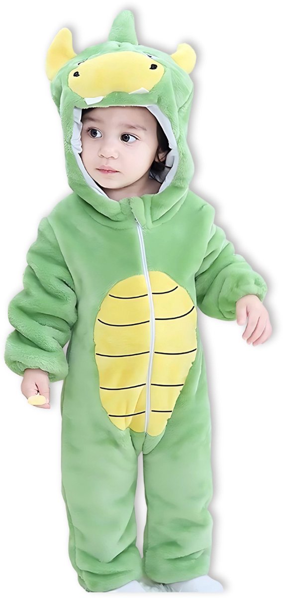 BoefieBoef Dieren Kleuter Onesie Peuter Pyjama Kinderen 2-4 jaar – Verkleedkleding met Luierrits – Carnaval Dierenpak - Halloween en Kraamcadeau - Zacht Flanel - Baby Romper - Boxpak - Jongens - Meisjes - Kruippak - Draak Groen Dragon Dino