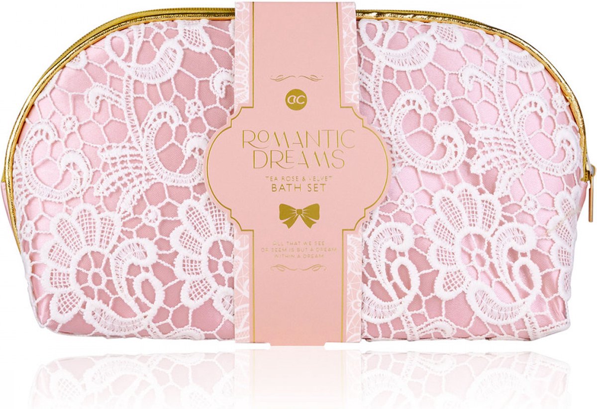 Goedkoopste Romantic Dreams - Badset - Puff - Badschuim- Luxe Toilettas (afmeting 25 x 6 x 16 cm.