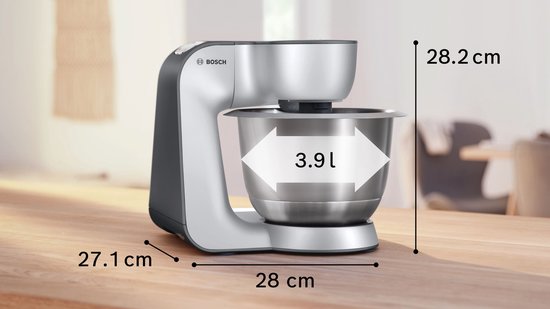 Robot de cuisine Bosch argenté avec bol inox, dimensions 28x27.1x28.2cm, 3.9L.