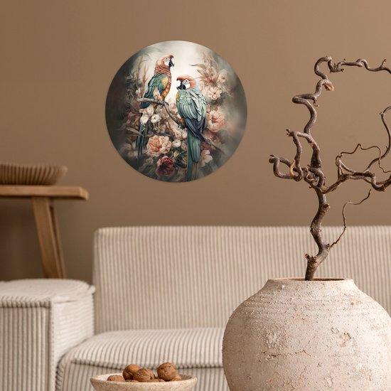 WallCircle - Stickers muraux - Cercle Papier Peint - Perroquets - Vogels - Nature - Fleurs - 30x30 cm - Cercle Mural - Auto Adhésif - Autocollant Rond Papier Peint