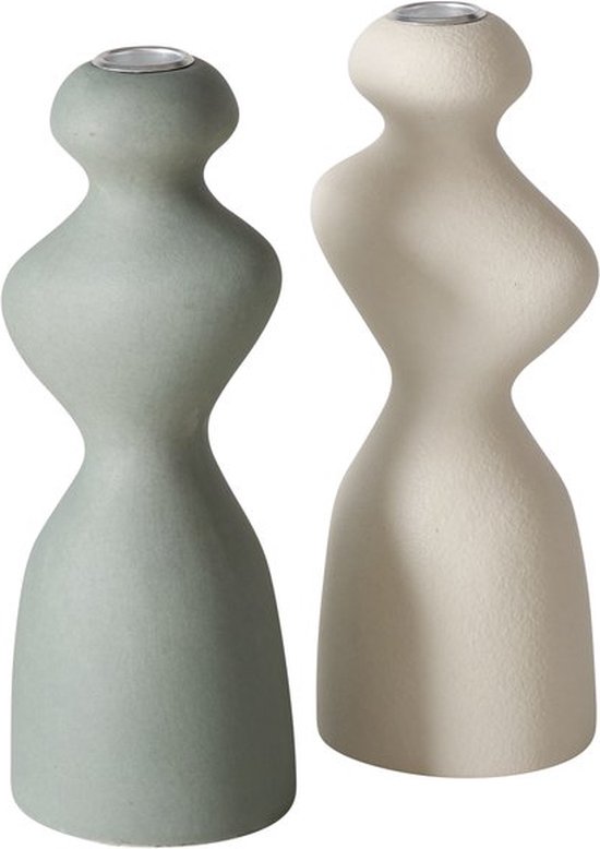Boltze - Kandelaar - Morana - Set van 2 - 22cm - Keramiek - Groen en Beige