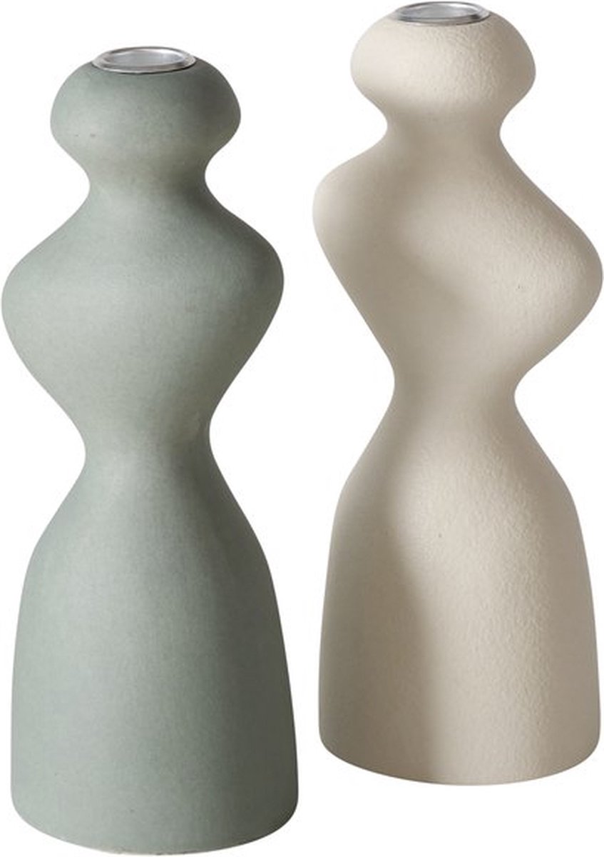 Boltze - Kandelaar - Morana - Set van 2 - 22cm - Keramiek - Groen en Beige