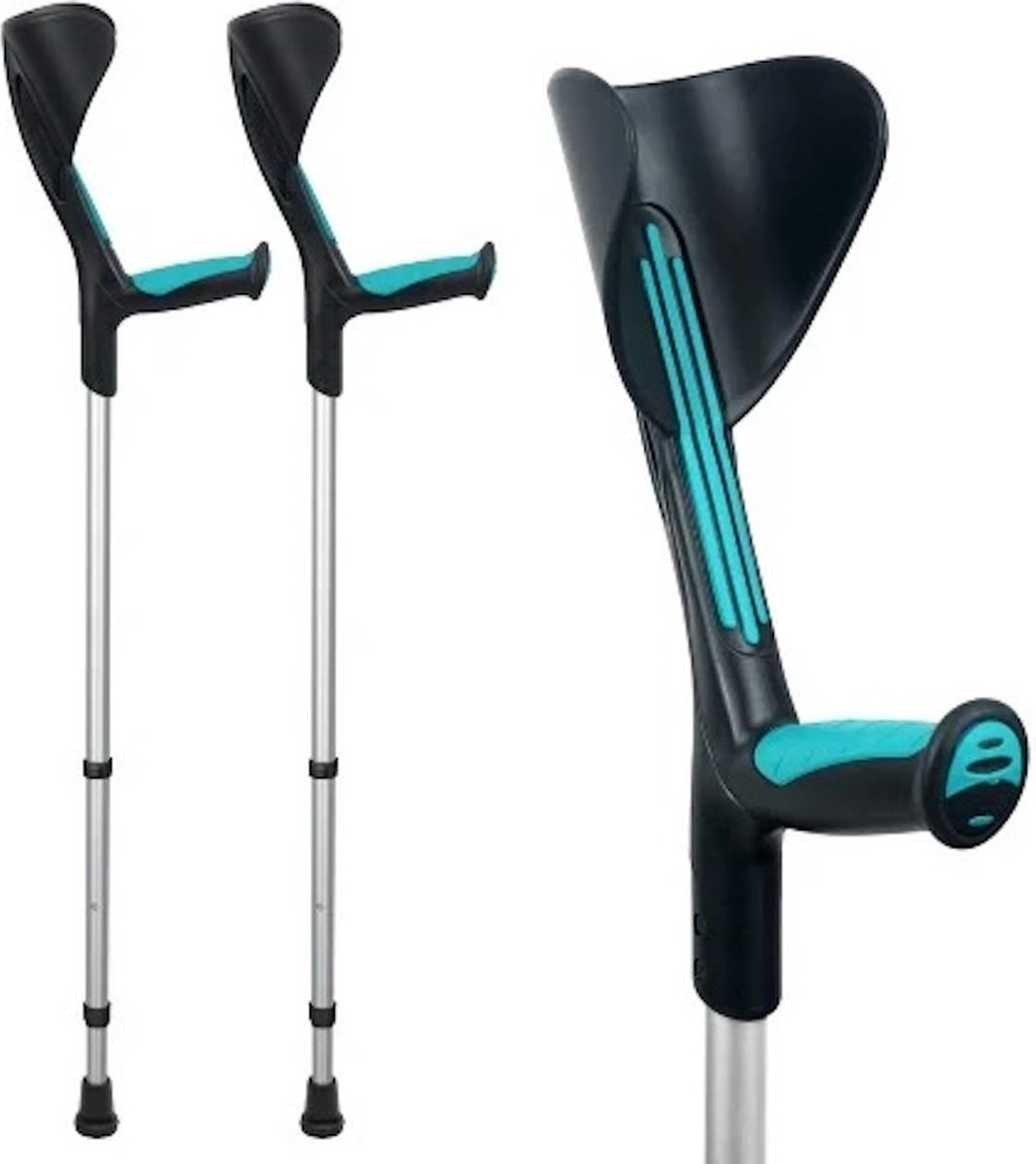 Goedkoopste Advance elleboogkrukken met flexibele doppen, turquoise - loopkrukken - krukken open manchet. Set - paar van 2
