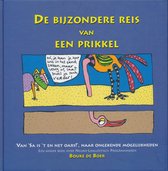 Boekcover van 'De Bijzondere Reis Van Een Prikkel' met een illustratie van een gekleurde vogel met lange nek en poten, die praat met een kat-achtig figuur. Ernaast een worm die uit de grond steekt.