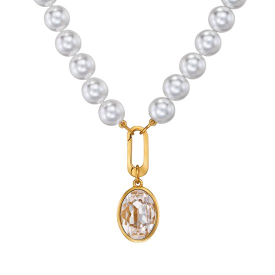 Collier de Perles du Traveller avec Pendentif - Collier Femme - Perles - 10mm - Wit - Cristal - Ovale - 45 cm - Plaqué Or 22 carats - 114320