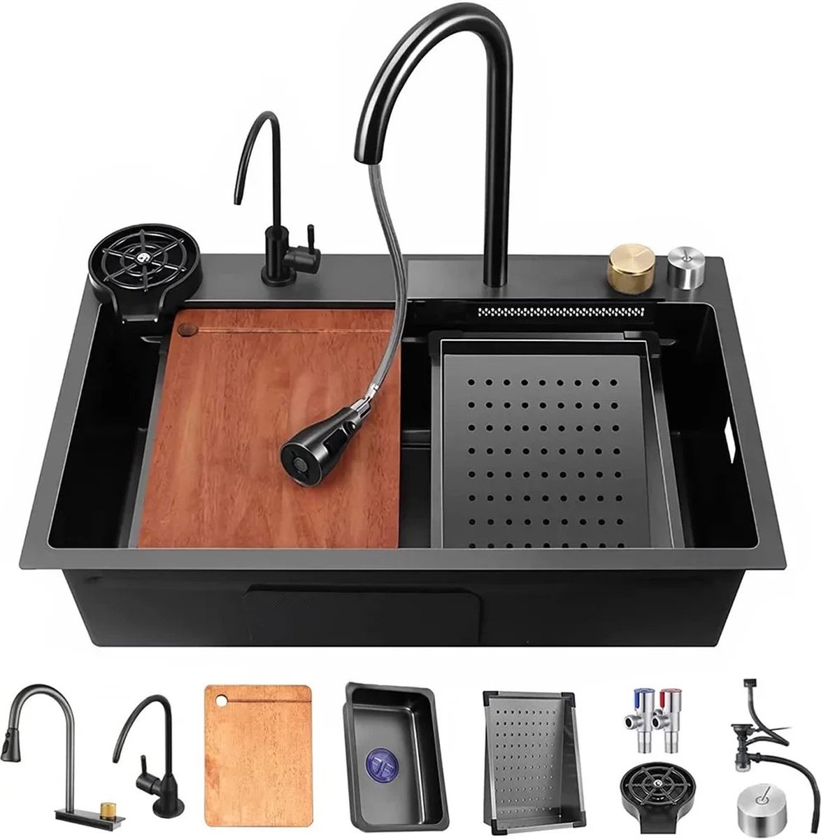 Multifunctionele Watervalgootsteen - Gootsteen - Grote Enkele Spoelbak - Keukenaccessoires met Luxe Kraan - RVS - Nano Roestvrij Staal - 75x46 cm