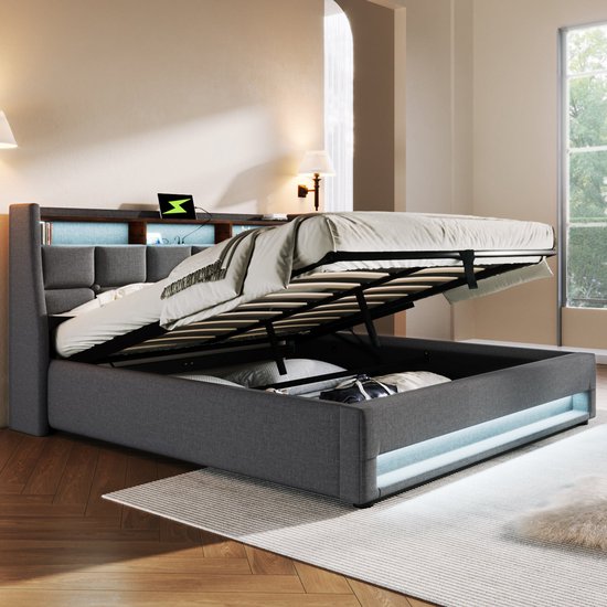 PerGar Gestoffeerd bed met opbergruimte, led-tweepersoonsbed met 4 laden en hoofdeinde, ladebed, bed jeugdbed, opbergbed, metalen frame, PU, zwarte tijgerhuidkleur (180 x 200 cm