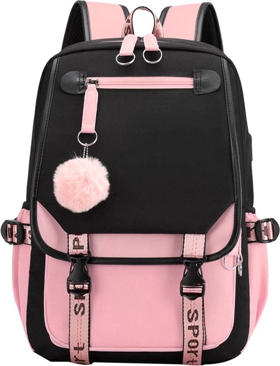 Meisjes School Student Schooltas Outdoor Rugzak Met Usb-Oplaadpoort, Zwart Roze - Schooltas - Rugzak - Rugtas - School - Meisjes - Jongens - Tieners - Boekentas - Rugzak Meisje - Rugzakken - Rugtas Voor Kinderen - Waterdicht - Laptop Rugtas