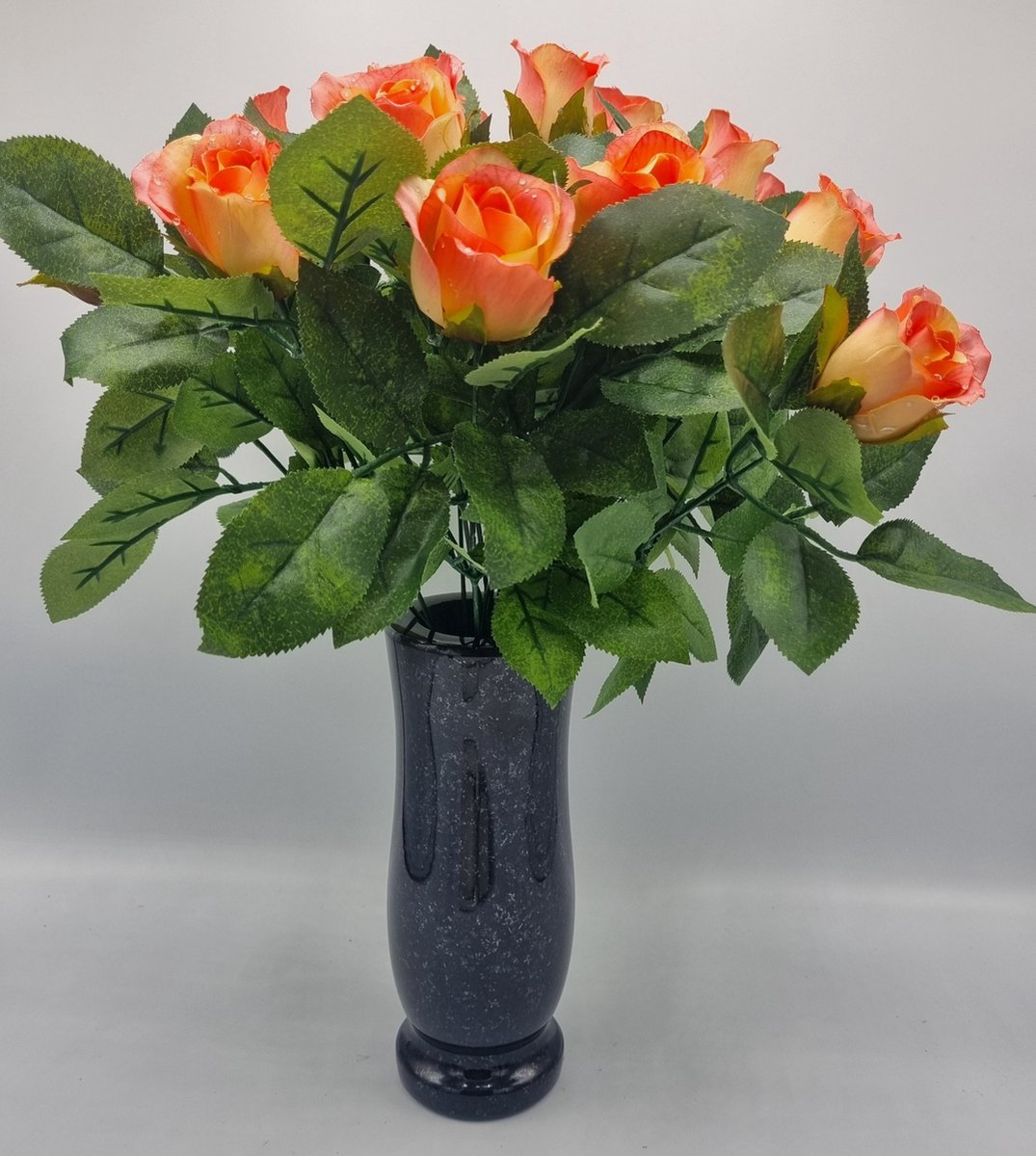 Boeket - Roos - U329-m2/1 - 44cm - Zalm - 14 bloemen - Grafdecoratie - Zijdenbloemen - Kunstbloemen