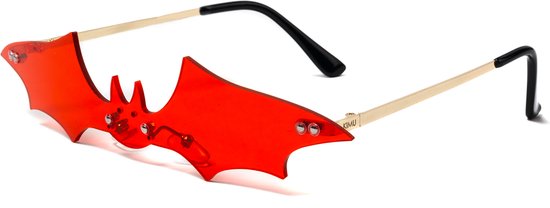KIMU Vleermuis Zonnebril - Goud Montuur - Rode Glazen - Vampier Vleugels Batman Halloween Eng Spooky Horror Carnaval Bat Nachtdier Carnaval