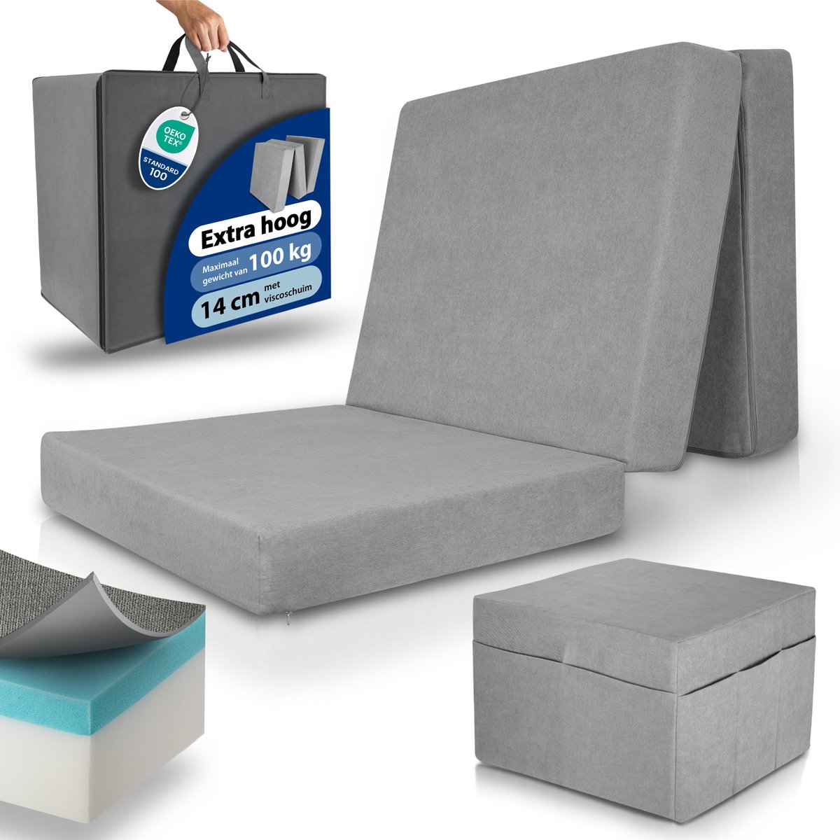 Beautissu VS95 – Premium Opvouwbaar Matras L 75x195 cm inkl. Hoes – Extra Dik 14 cm Traagschuim Vouwmatras H3 – Wasbar Eenvoudig – Transport – Grijs