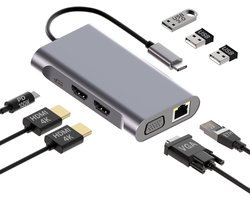 MMOBIEL USB-C naar Dual HDMI Hub – 8-in-1 USB-Hub & 100W PD Adapter – Docking Station voor USB 3.0, 2x USB 2.0, 2x HDMI, VGA, PD en ETH – Drievoudige weergave voor laptops, tablets etc. – Aluminium