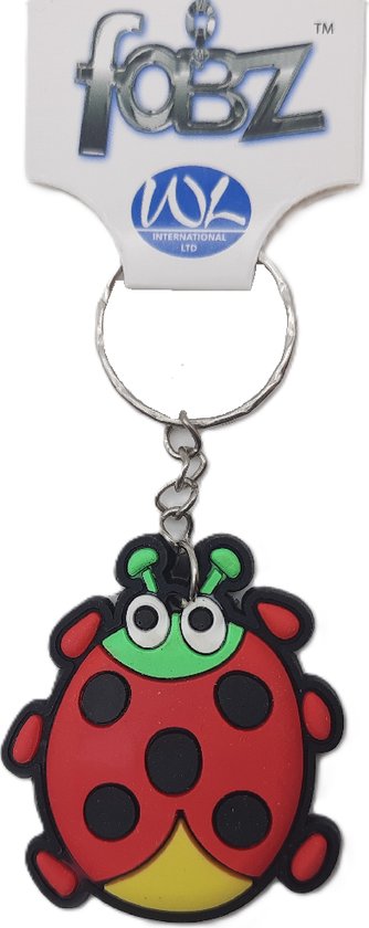 Rode en gele lieveheersbeestje sleutelhanger met zwarte stippen en groene kop.