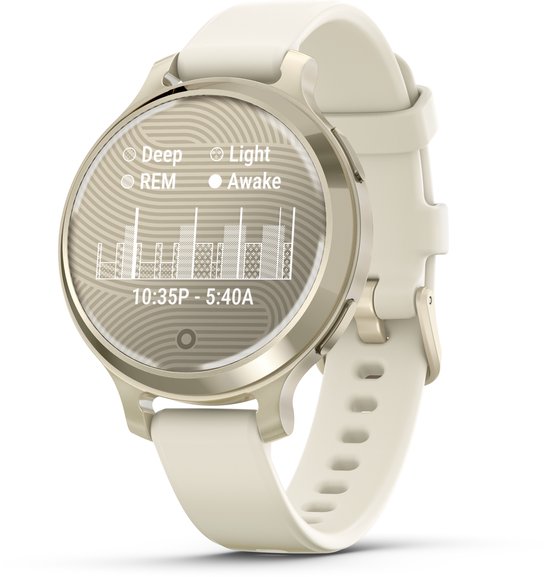 Gouden smartwatch met wit bandje. Scherm toont slaapgrafiek en "10:35P - 5:40A".