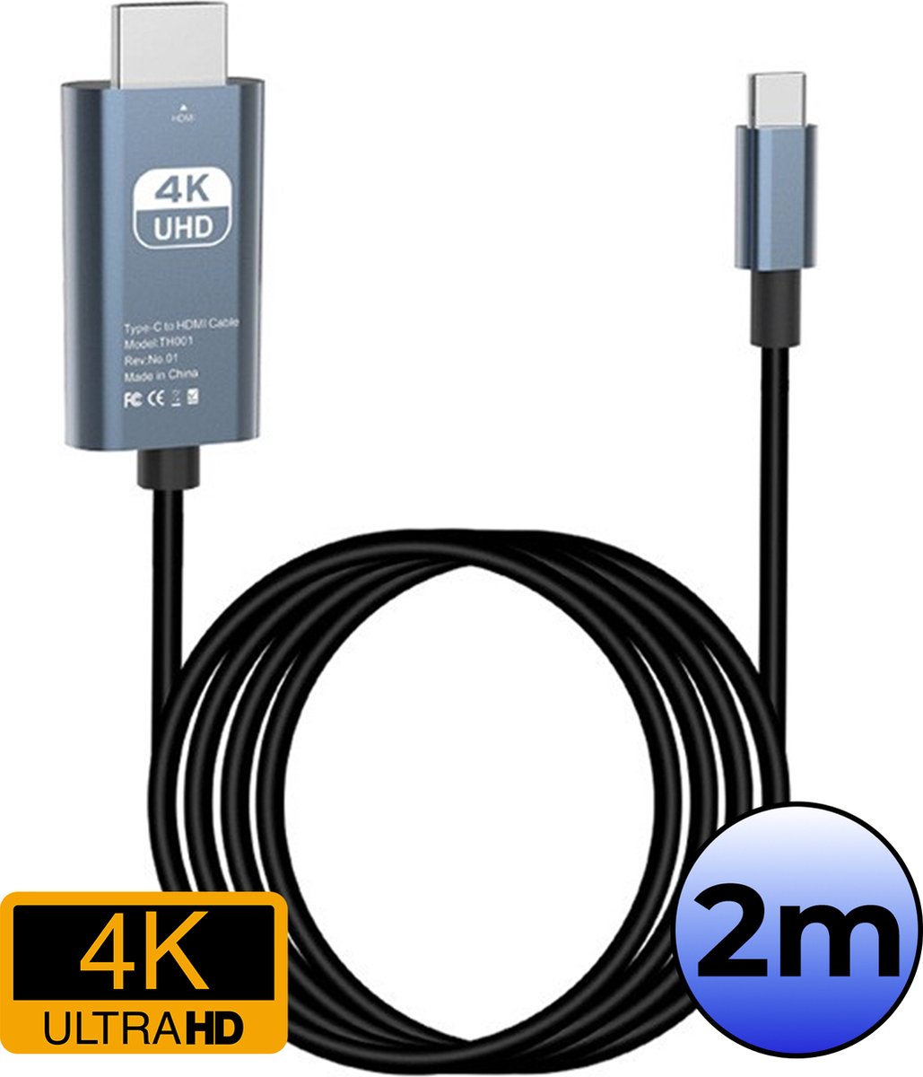 USB C naar HDMI Adapter 4K 30Hz HD Converter - USB C naar HDMI Adapter - 2 meter - Zwart