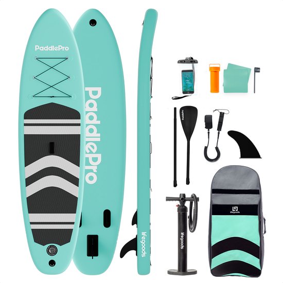LifeGoods PaddlePro SUP Board - Opblaasbaar Paddle Board - Complete Set - Max. 135KG - 320x81cm - Pastelgroen