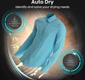 Auto Dry-functie met slimme temperatuur- en vochtigheidssensoren voor een blauw overhemd in de droger.