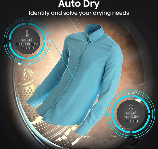 Auto Dry-functie met slimme temperatuur- en vochtigheidssensoren voor een blauw overhemd in de droger.