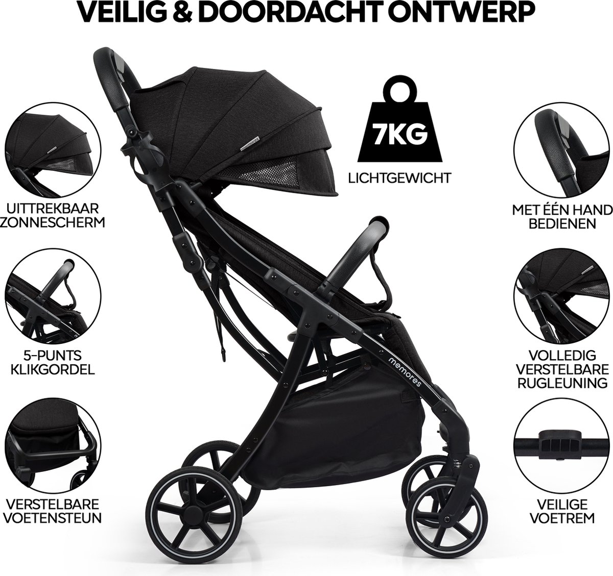Memores Plooibuggy Zwart - Buggy Inklapbaar Inclusief Regenhoes, Bekerhouder en Tassenhaken - Peuter -Extra licht & Compact voor Vliegtuig, Auto & OV - Extra Veilig en Wendbaar door Grote Massieve Wielen - Tot 4 jaar - Kinderwagens - Wandelwagen - M1 – foto 5