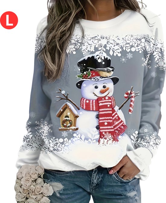 Bovista Kersttrui - Dames - Foute Kersttrui - Christmas Sweater - Kerst Sweater - Christmas Jumper - Pyjama - Pullover - Sneeuwpop - Grijs - Maat L