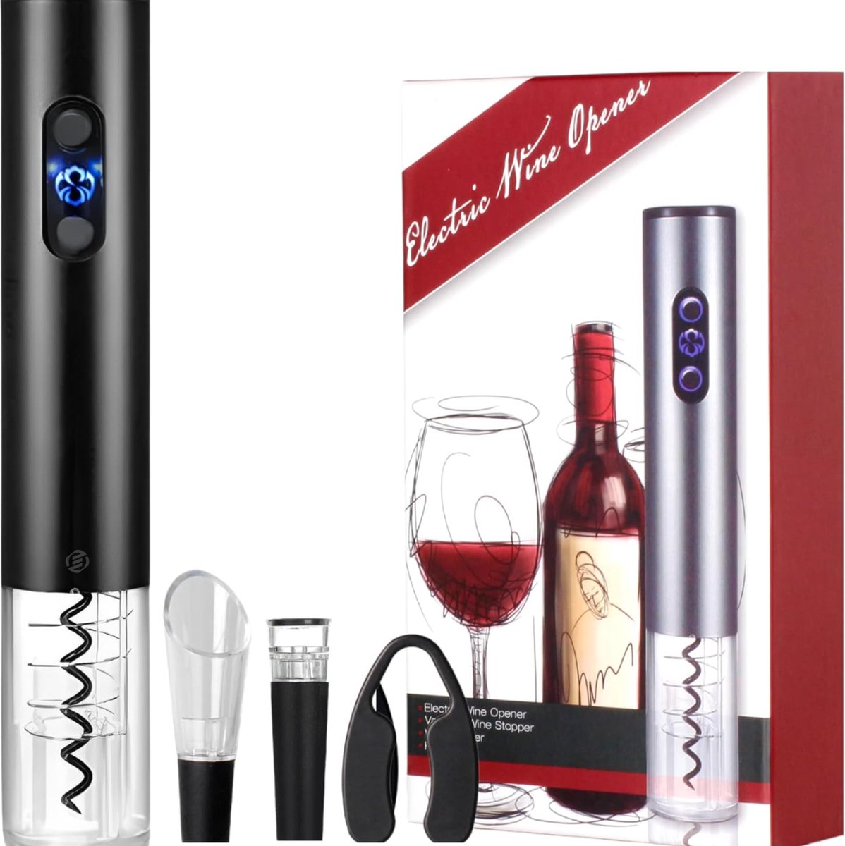 Equivera Elektrische Kurkentrekker Set - Automatische Wijnopener - Wijn Accessoires - Flessenopener - Cadeautip - Premium