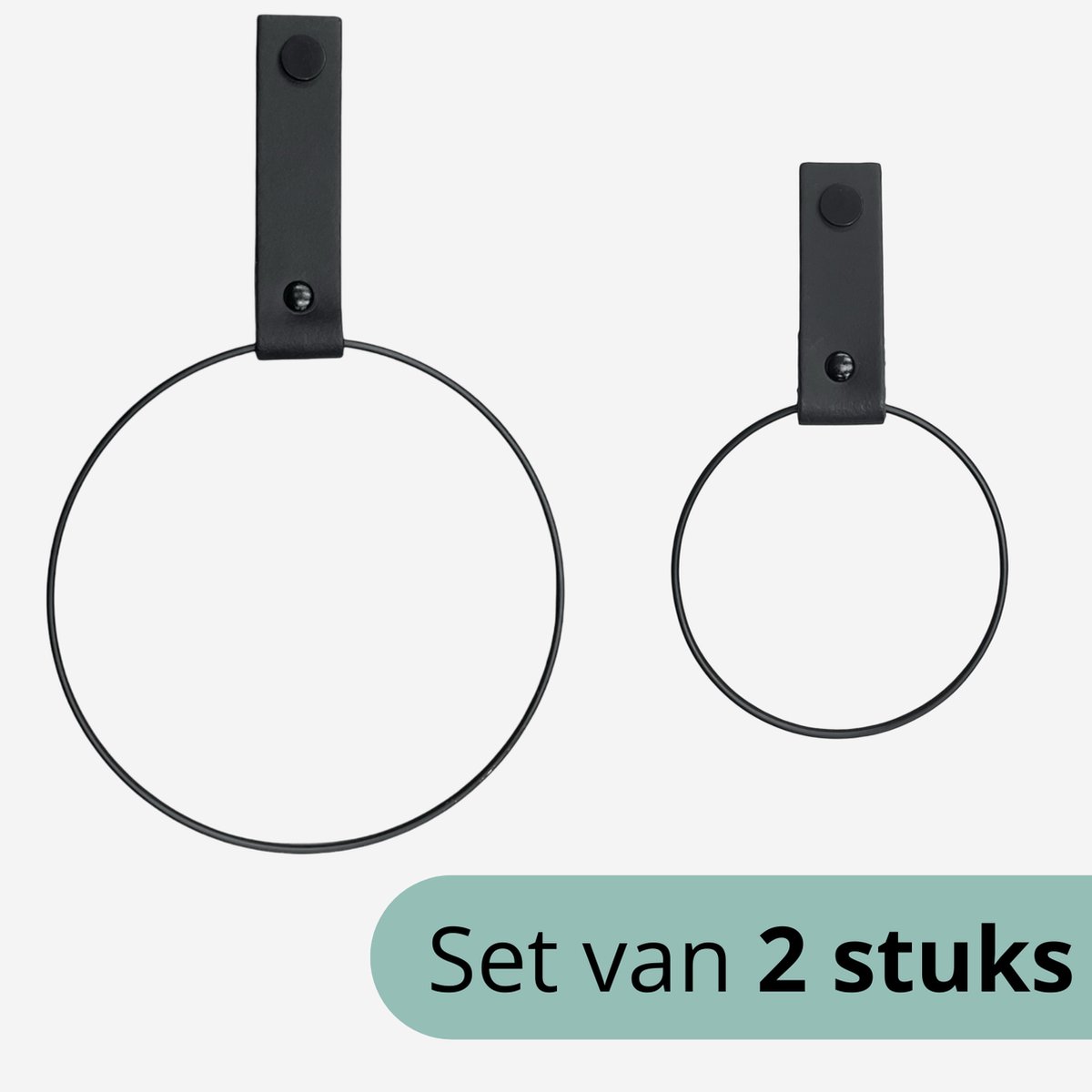 Handdoekringen - 2 stuks - Zwart leer - Zwarte ring 10cm + 15cm - Handdoekhouder - keukenrekje - handdoekrekje