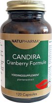 Natupharma Candira Cranberry Formule voedingssupplement in capsulevorm. Groene en bruine fles met gouden dop.